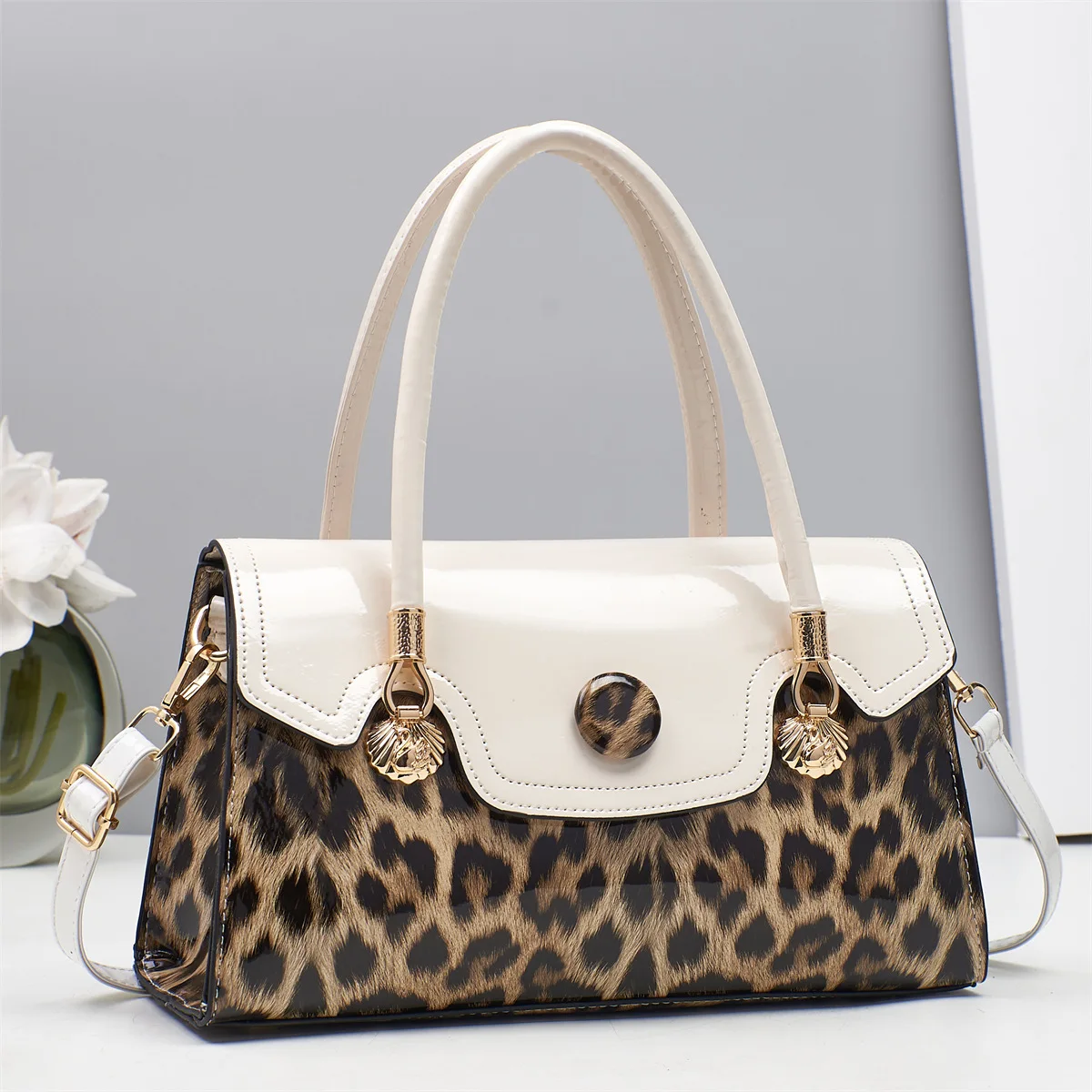 Bright Leather Top-Handle Bag  Leopard Pattern Women Tote Large Capacity  Work Shopping Travel  High-End Crossbody Shoulder Bag