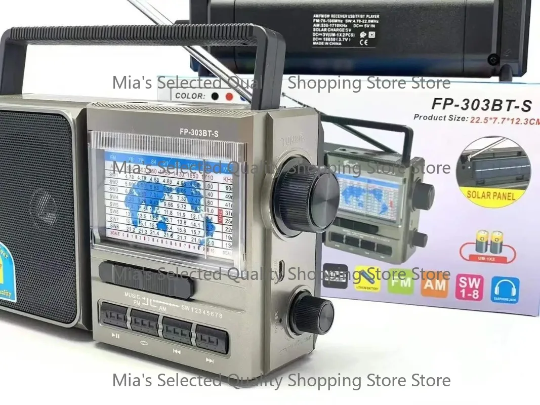 FP-303BT-S Rechargeable Solar Radio FM AM All Bands Wireless Outdoor Entertainment USB BT Support Portable Handheld Radiogram