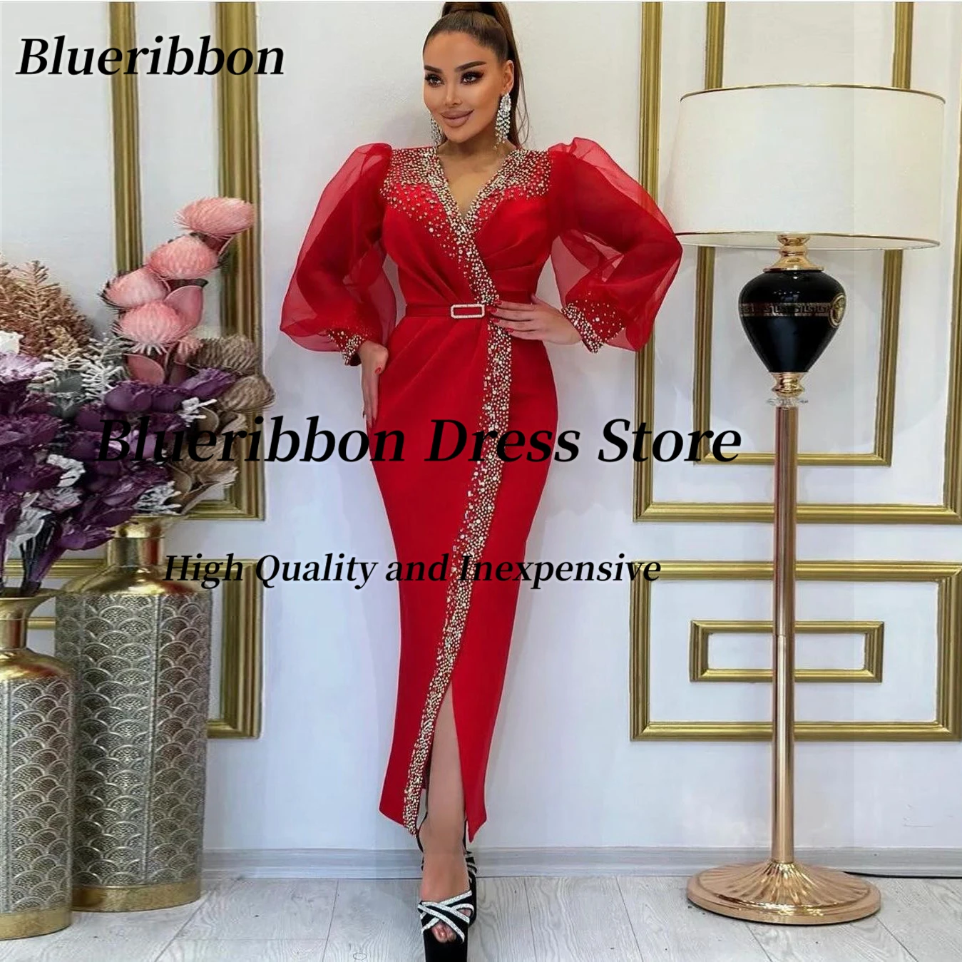 Blueribbon Handmade Beaded Luxury Prom Dresses with Sash Long Sleeves Evening Gowns Saudi Arabia Women Side Slit Formal Dress