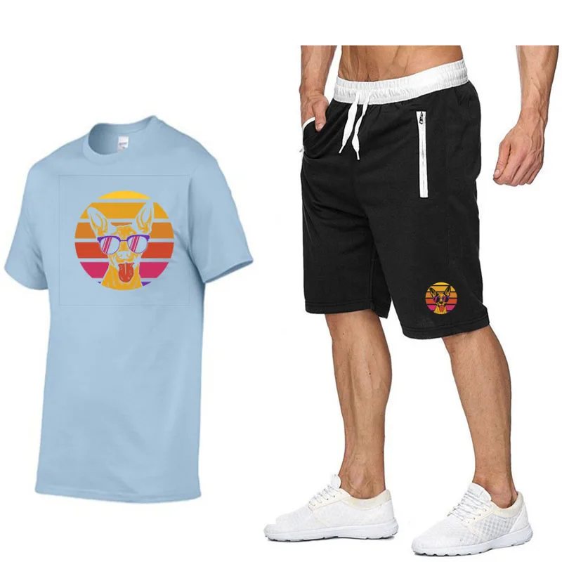 Summer Cotton Shorts Set Men Two Piece Mens Outfits Cotton Printed Tshirt Shorts 2 Piece Set Gym Sport Suits Fitness Sportswear