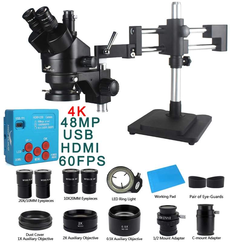 3,5X 90X 180X Simul-Focal Double Boom Stand Trinokular Stereo Zoom Mikroskop 48MP 4K HDMI USB Kamera 144 LED Licht Mikroskopie