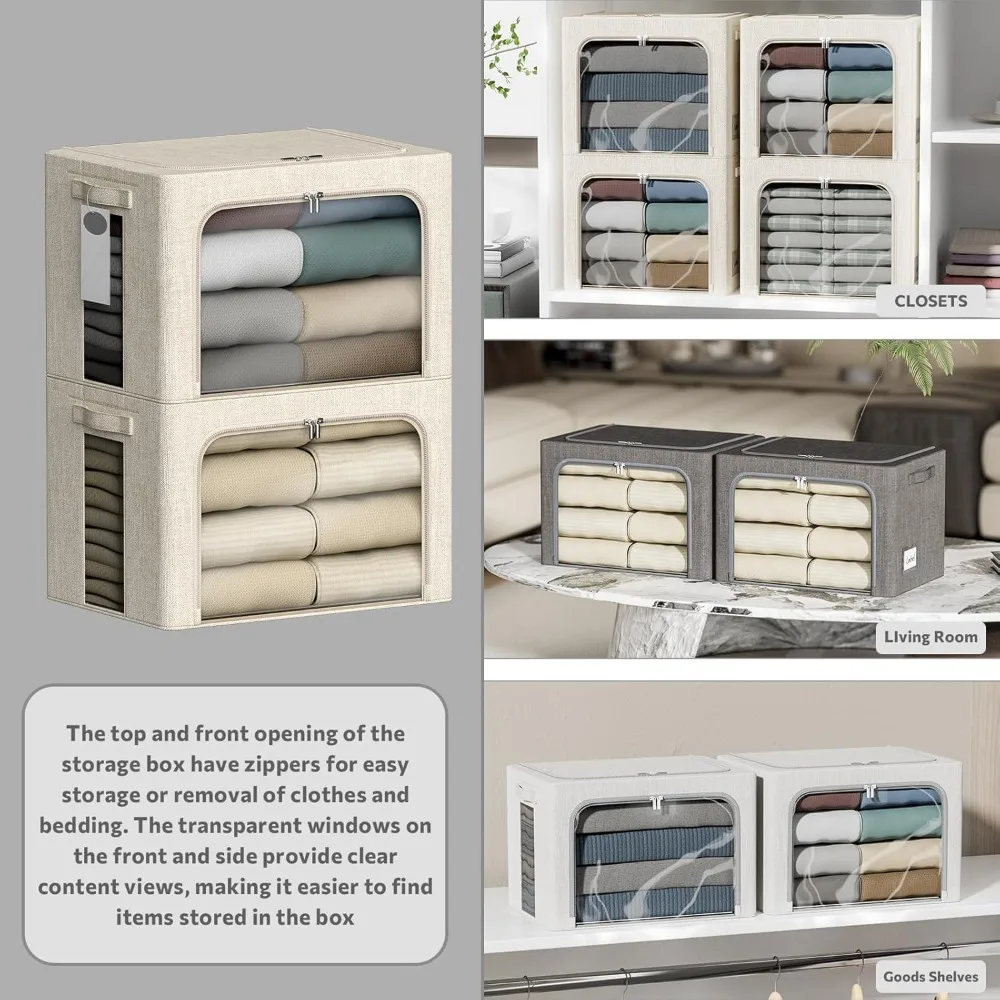 صناديق تخزين قماشية قابلة للطي بإطار معدني - صناديق تنظيم قابلة للتكديس سعة 22 لترًا مع أغطية للملابس وحلول تخزين المنزل