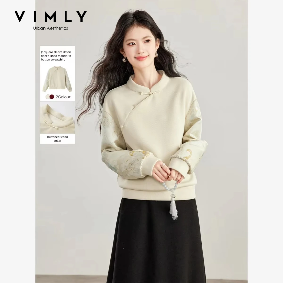 VIMLY New Chinese Style Sweatshirt 2026 Fall Stand Collar Red Spliced Jacquard Frog Button Fleece Lined Thickened Pullover A7691