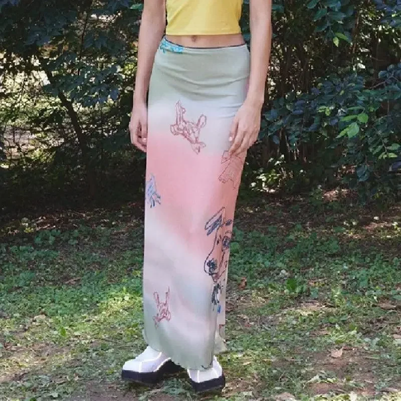 

Long Skirts Women Cartoon Printed Gradient Straight High Waist Sweet Slim Summer Vestidos European Style Y2k Streetwear Leisure