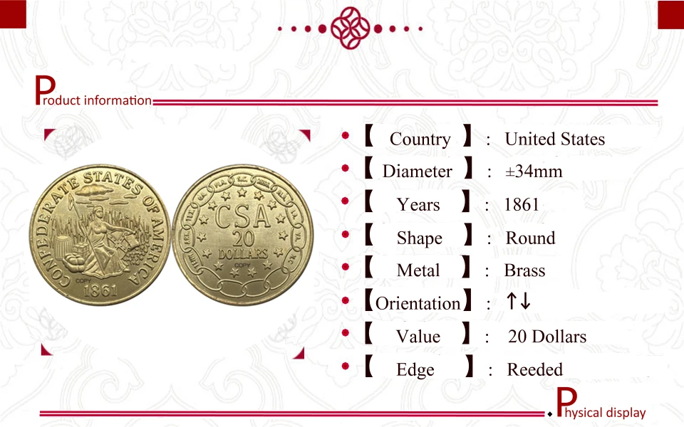 US 1861 20 Twenty Dollars CSA Confederate United States Gold Brass Metal Copy Commemorative Coin Ww2 Moneda Collectible Coins