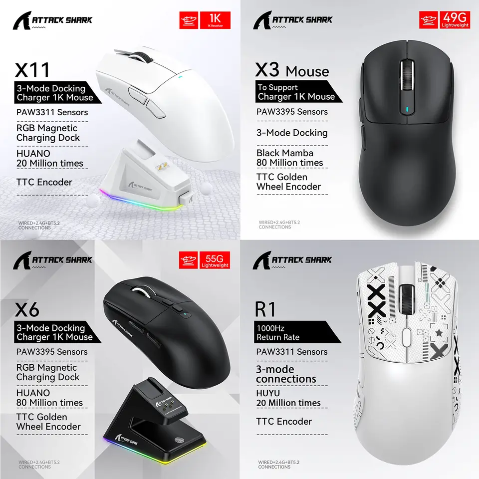 Attack Shark X11 X6 X3 R1 Wireless Gaming Mouse, RGB, Ergonomic, Ultra-Light, Tri-Mode, Macro, PAW3395/PAW3311, 26000 DPI