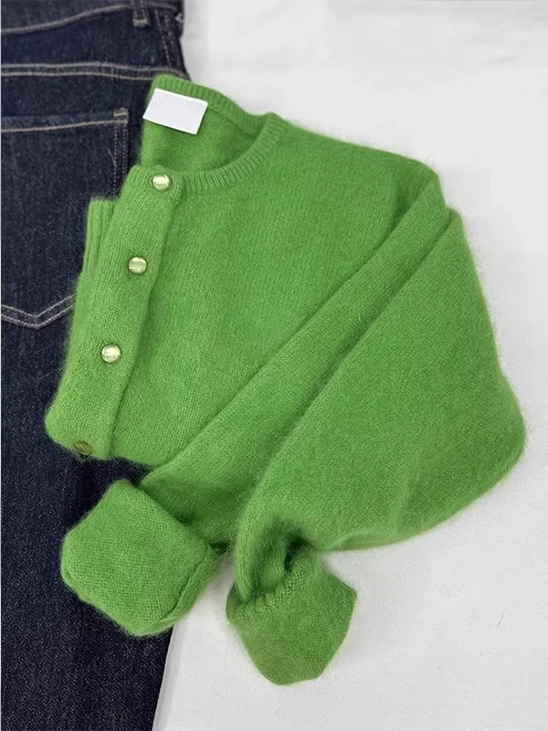 

Мягкий вязаный кардиган с круглым вырезом и длинными рукавами для женщин, осенний, повседневный, в корейском стиле, стандартный крой