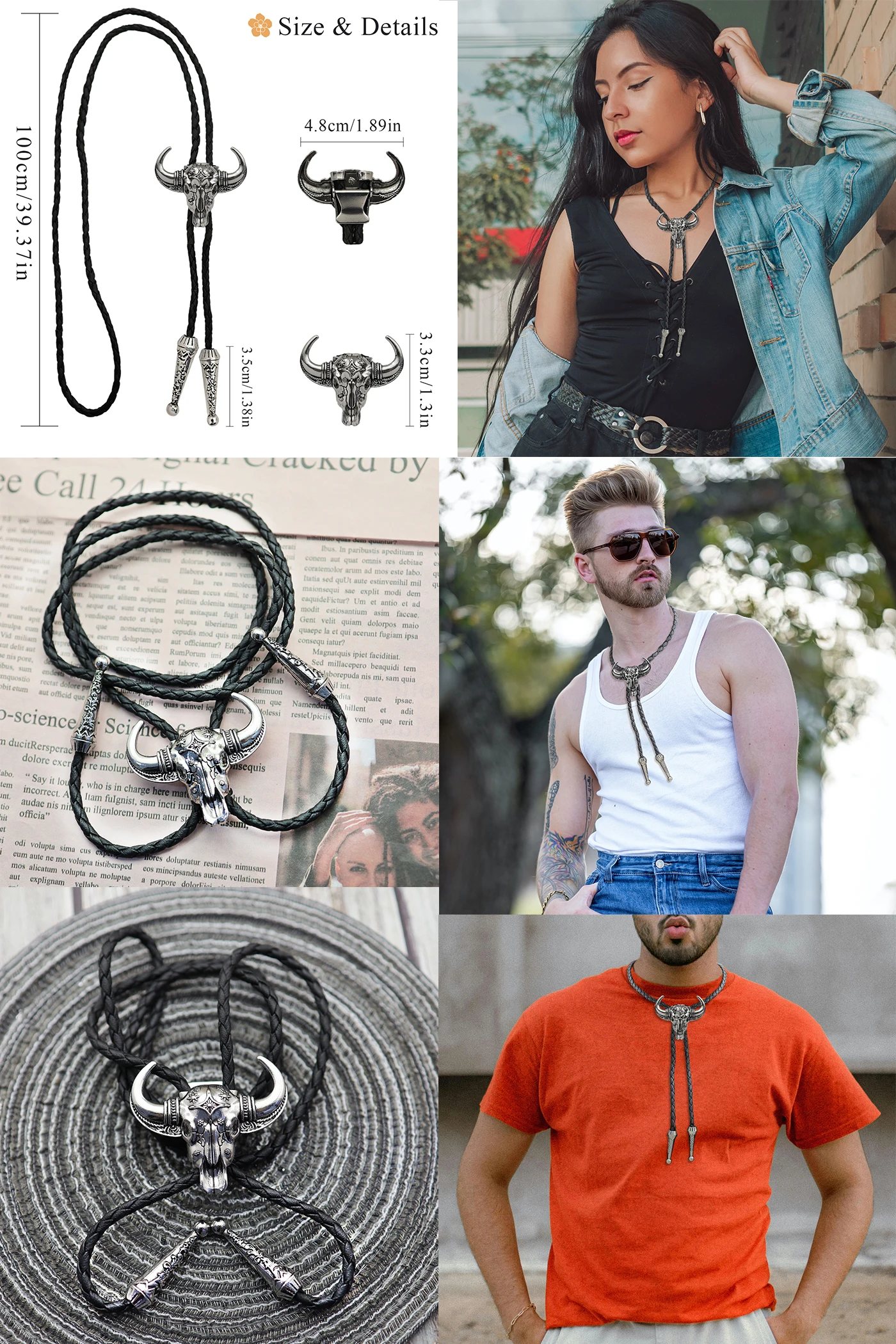 Neuheit Western Cowboy Bolo Krawatte für Herren Kuh Schädel Design Schwarz Leder Seil Vintage Krawatte Bull Kopf Anhänger Damen Schmuck – Detail 1