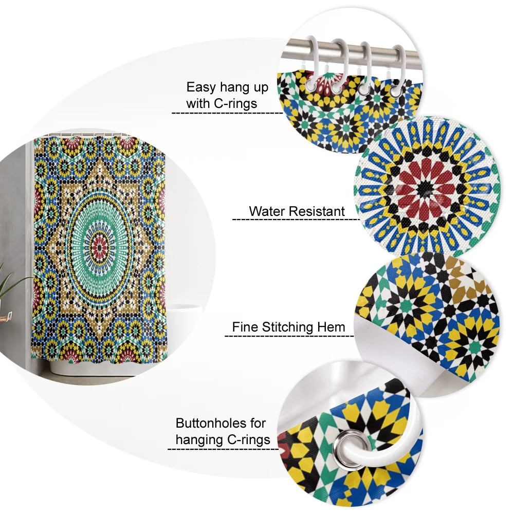 Morocco Colorful Flowers Arabesque Waterproof Bathroom Decoration Shower Curtain With Hook Bathtub Curtains Bathroom Accessories