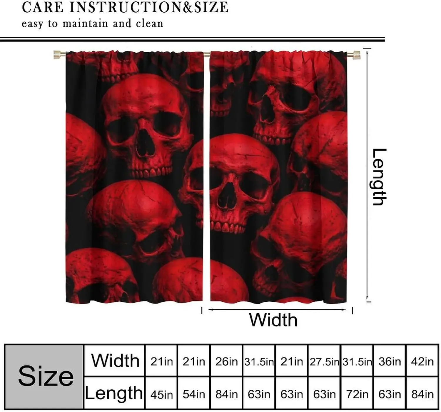 Stacked Cracked Red Skull Curtain 2 Panels Dense Horror Skull Solid Black Background Master Bedroom Gothic Punk Home Decor