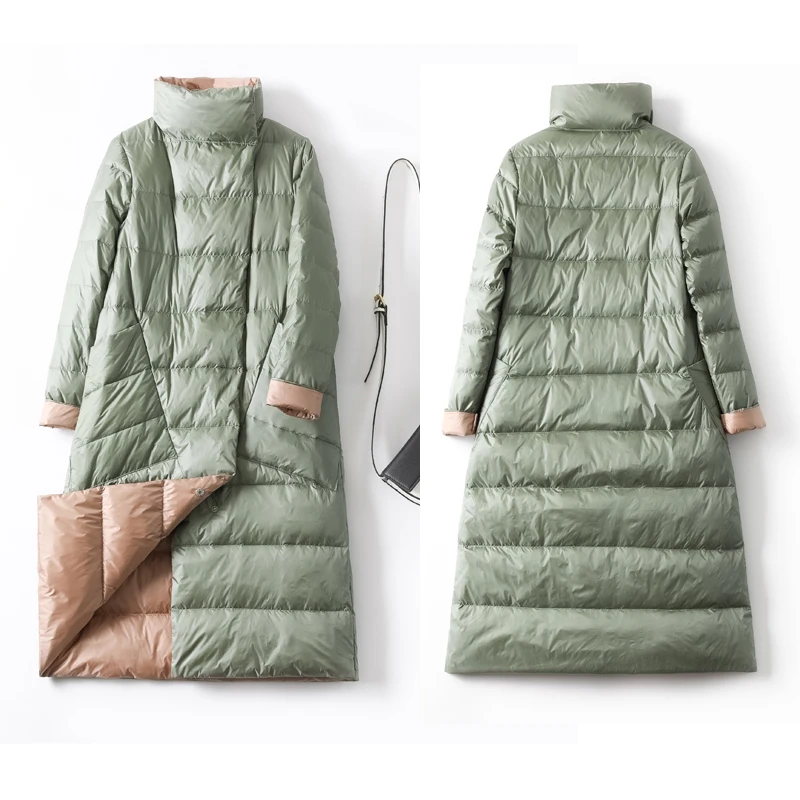 FMFSSOM 2024 New Women Winter Long Duck Down Jacket Thick Double Sided Plaid Coat Female Warm Down Parka Women Slim