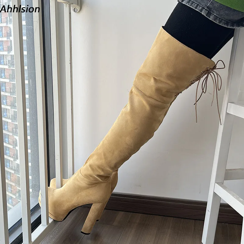 

Ahhlsion New Arrival Women Winter Thigh Boots Chunky Heels Round Toe Beautiful Apricot Party Shoes Ladies US Size 5-20