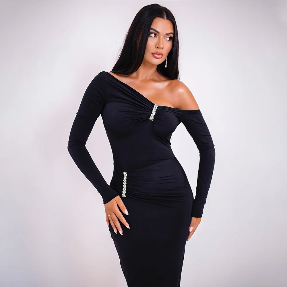 Elegant Ruched Cut Out Dress, Long Sleeve, Round Neck, Sexy Bodycon, Evening Party, Slim Christmas Outfits, Streetwear Fashion