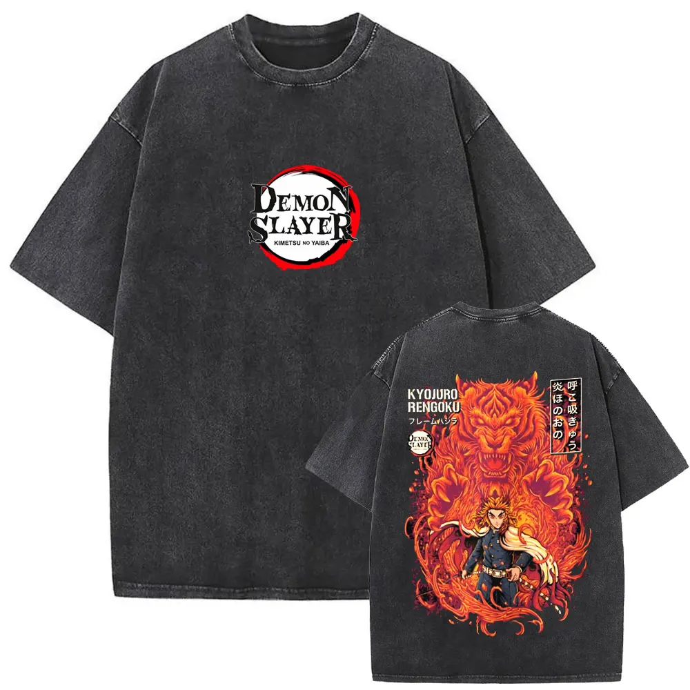 Washed Vintage Anime Demon Slayer Graphic T-shirt Shinazugawa Sanemi Print T-shirts Men Women Casual Oversized Crewneck T Shirts