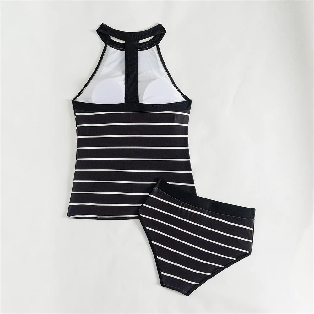 Vintage Striped Bikini Crew Neck Tankini Swimsuit Backless Push Up Swimwear Women Y2K Beach Vacation Outfit Bather Suit Sexy Set