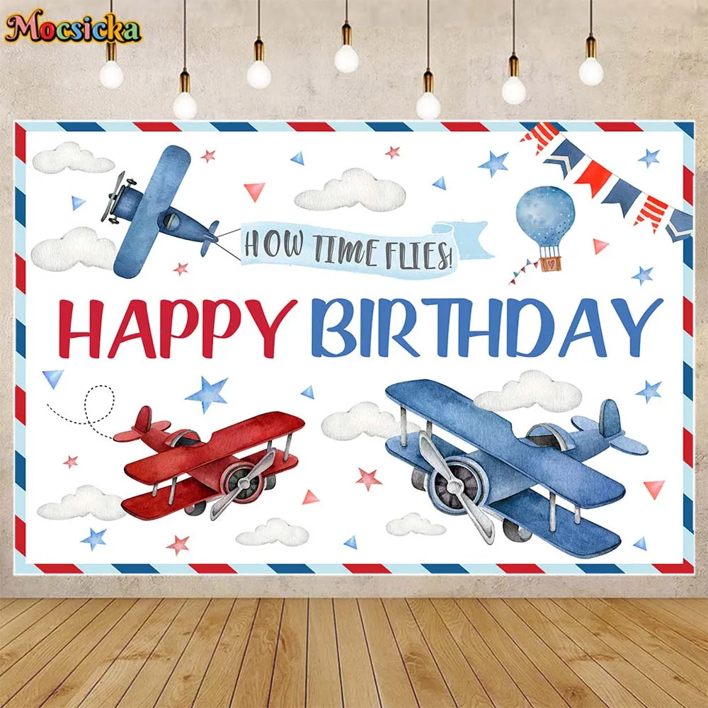 

Mocsicka How Time Flies Baby Birthday Backdrop Airplane Hot Air Balloon Boys 1st Birthday Party Photo Background Decor Photocall