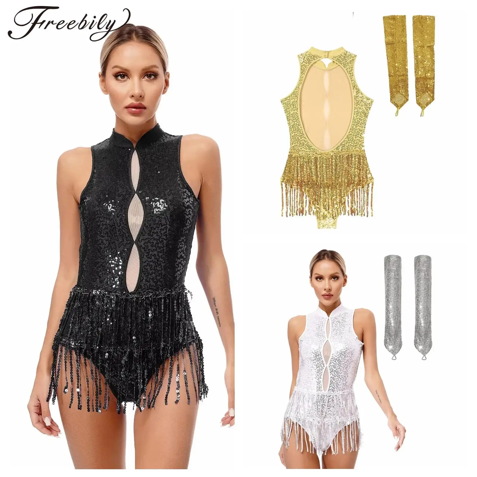 

Women Professional Latin Dance Salsa Dance Costume Glittery Sequins Tassel Leotard + Long Gloves Performance Clothing Mujer