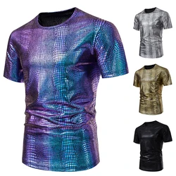 Night Club Wear Fashion Men's 70s Disco Costume Sequin Shirt Short Sleeve T-Shirts O Neck Solid Color Party Club Top