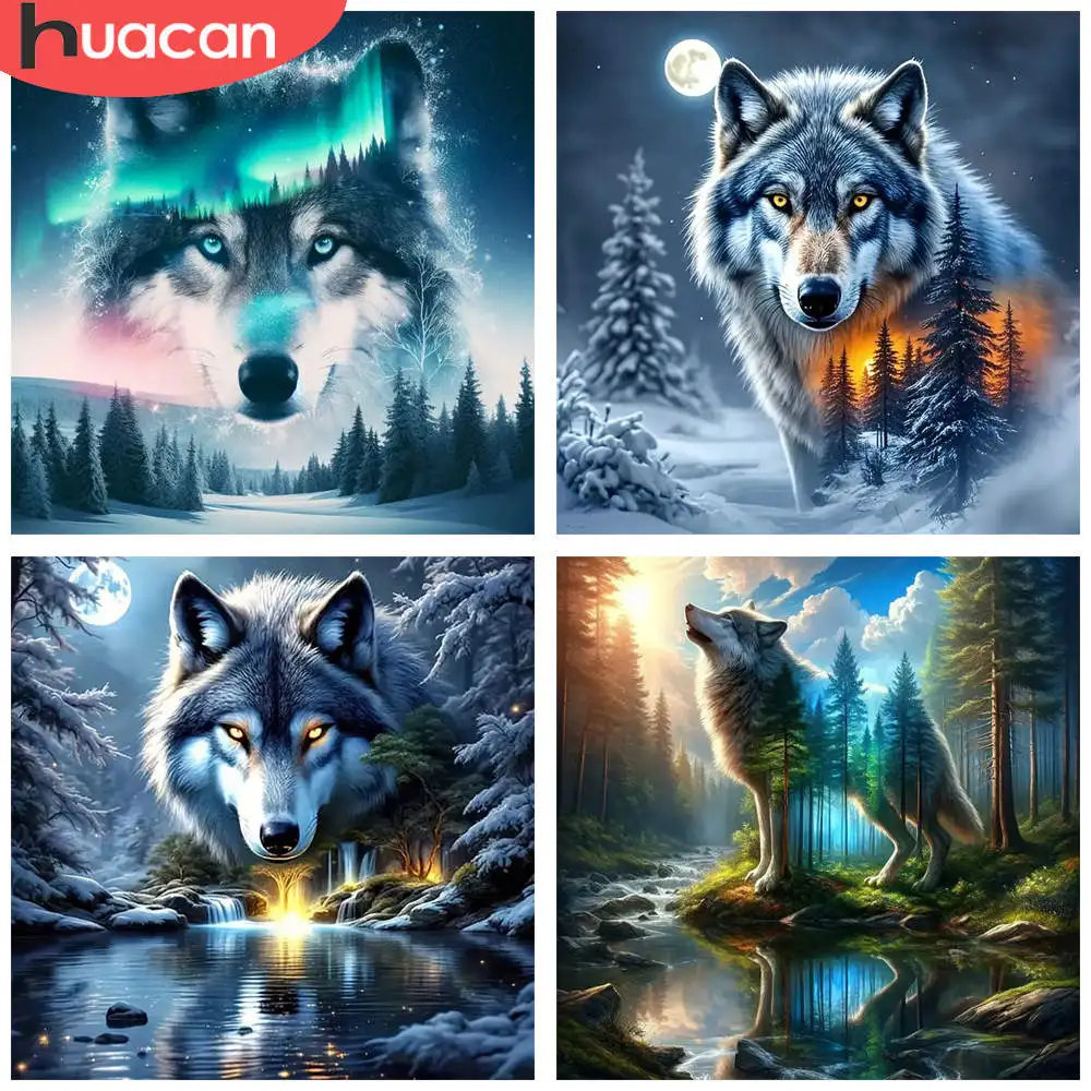 HUACAN 1 Stück Diamant-Gemälde Wolf Nordlichter Landschaft Kunst Kristall Strass Tier 5D DIY Diamant Stickerei Kits Dekor