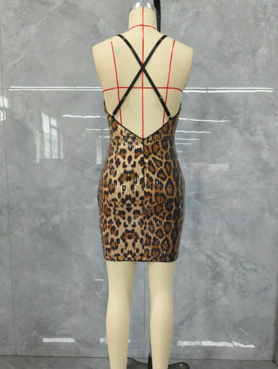 Womens Dresses 2024 Summer Fashion Leopard Pattern V-Neck Crisscross Sexy Backless Sequin Sleeveless Skinny Daily Mini Dress