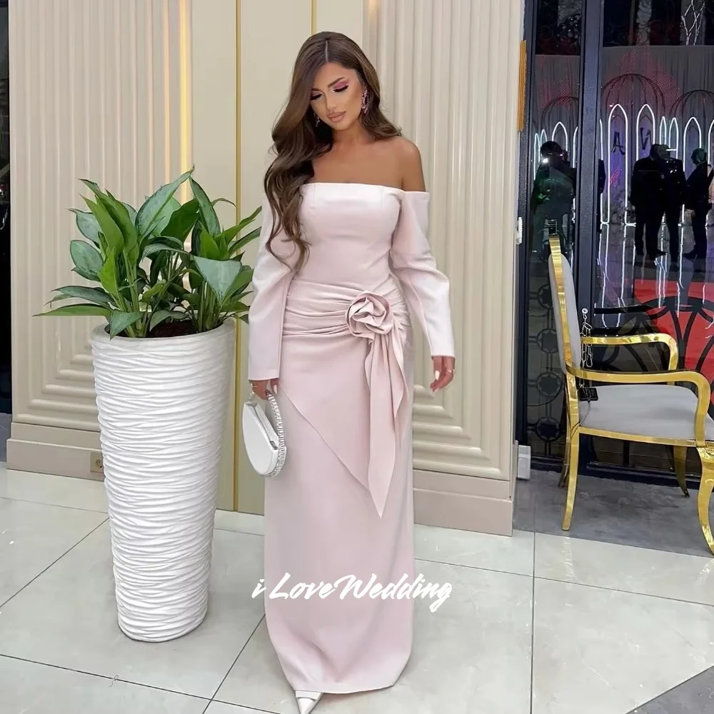 

Pink Strapless Prom Dress 3D Flower off the Shoulder Long Sleeve Mermaid Bespoke Occasion Dresses Floor-Length Pleated Customize