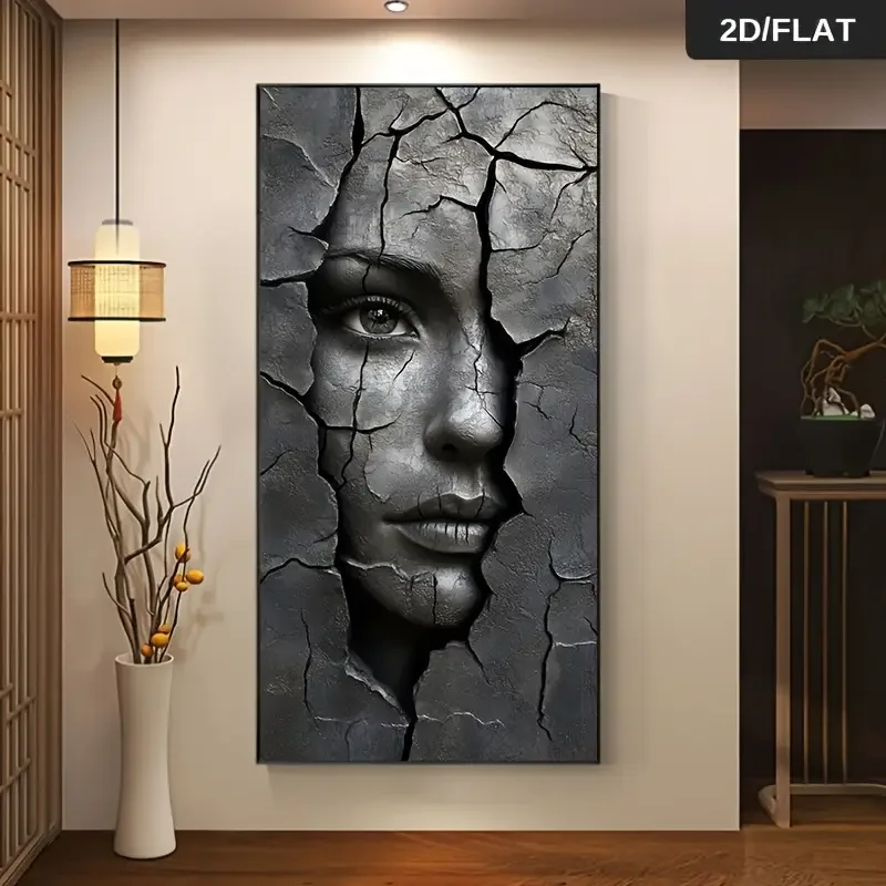 Frameless modern abstract black female face texture print canvas wall art, modern crackle design for living room & bedroom decor
