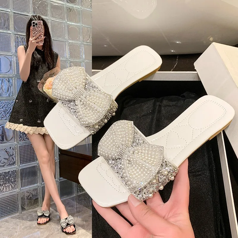 Chic Pearl - Rhinestone Bow Slides | Glamorous & Eye - Catching, Perfect for Party & Fashion Looks