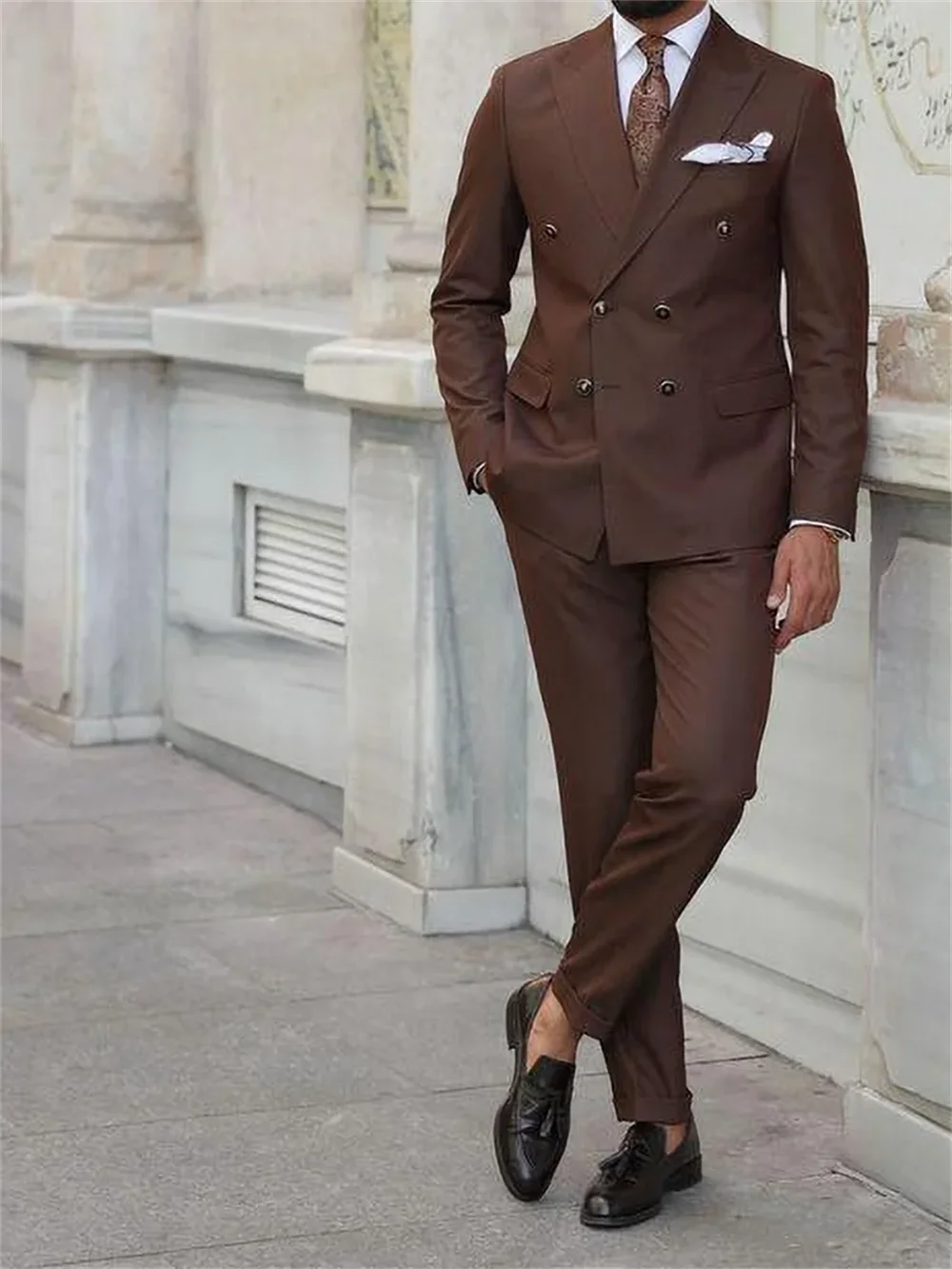 2 Piece Chic Brown Male Suit Slim Fashion Peak Lapel Business Causal Clothing  Prom Wedding Party Tuxedo Costume Homme