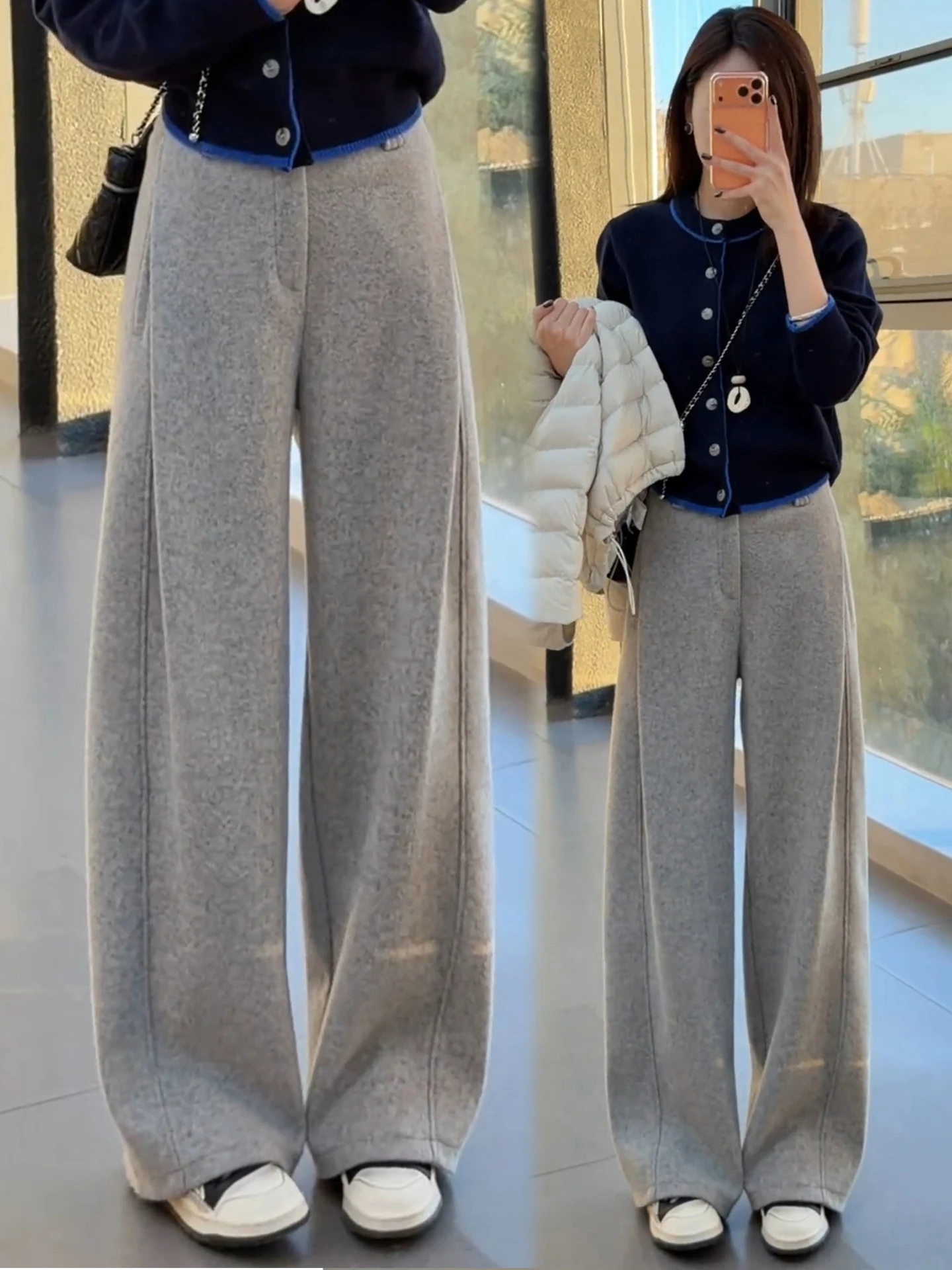 

Шерстяные брюки с высокой талией и широкими штанинами, женские повседневные брюки на флисовой подкладке, осенне-зимний новый стиль, мягкие удобные брюки прямого кроя