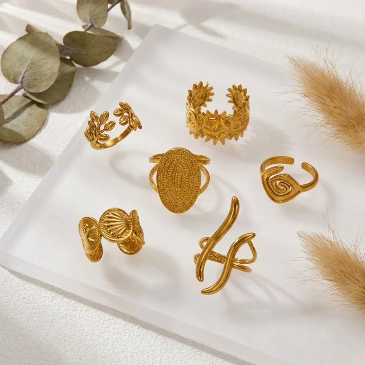 Vintage Edelstahl-Ringe mit Sonnenblumen- und Blattmuster für Damen und Herren, Punk-Mode, geometrischer Spiral-Oval-Fingerring, Schmuck – Detail 26