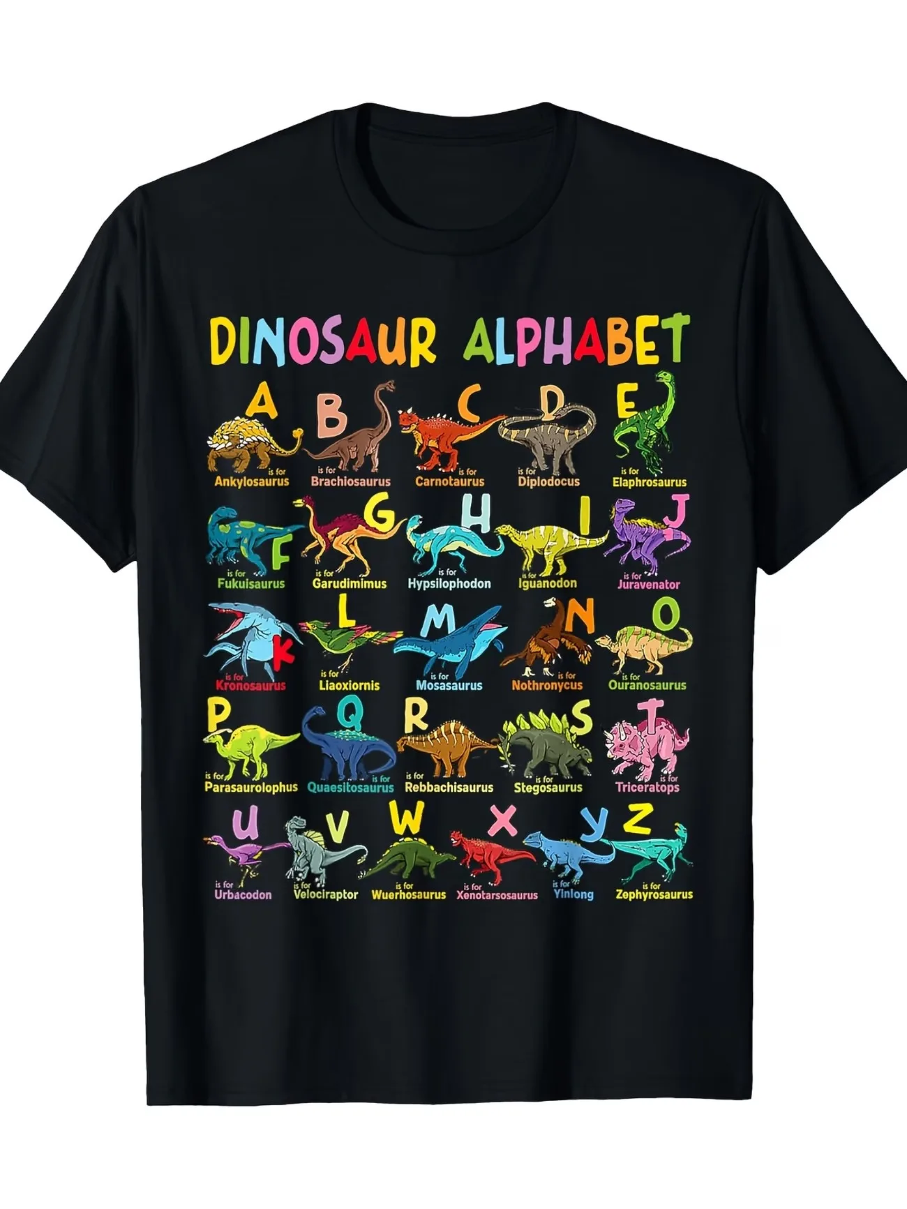 A-Z Dinosaur Alphabet ABC Dino Identification T-Shirt Cotton Learning Dino Chart A-Z Casual Loose Fit Men's Women Top Tee Unisex