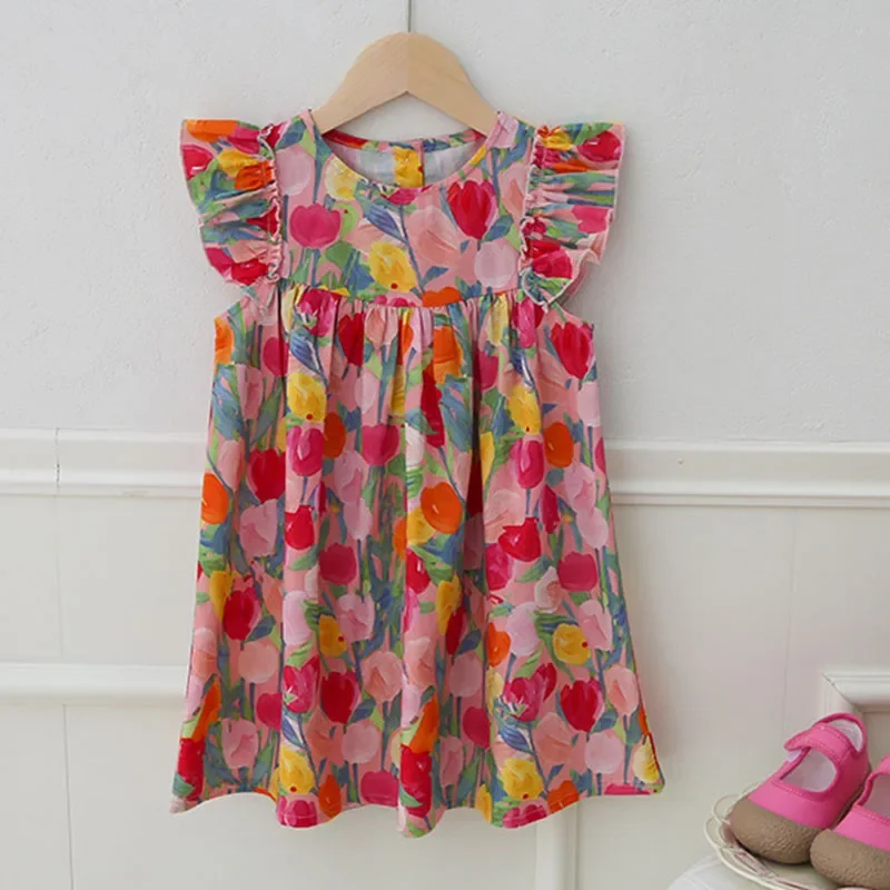 2025 New Summer Children Clothes 2-7Yrs Kids Princess Dresses Flying Sleeve Cotton Flower Print Baby Girl Party Dress