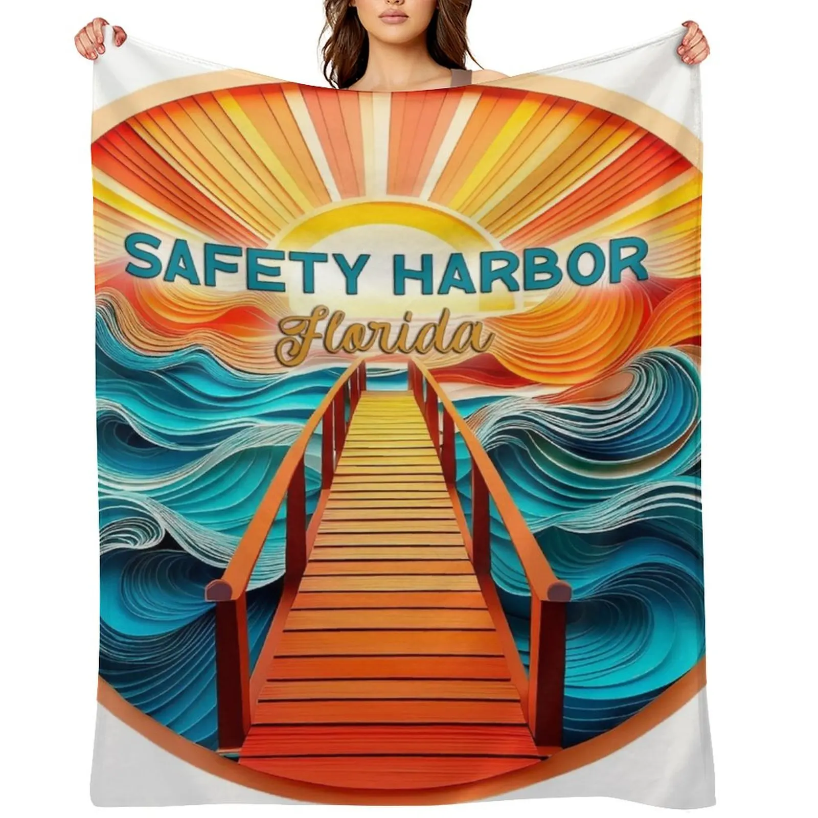 

Safety Harbor Florida Retro Vintage Sunset Artwork Throw Blanket Decorative Beds cosplay anime Flannel Fabric Quilt Blankets