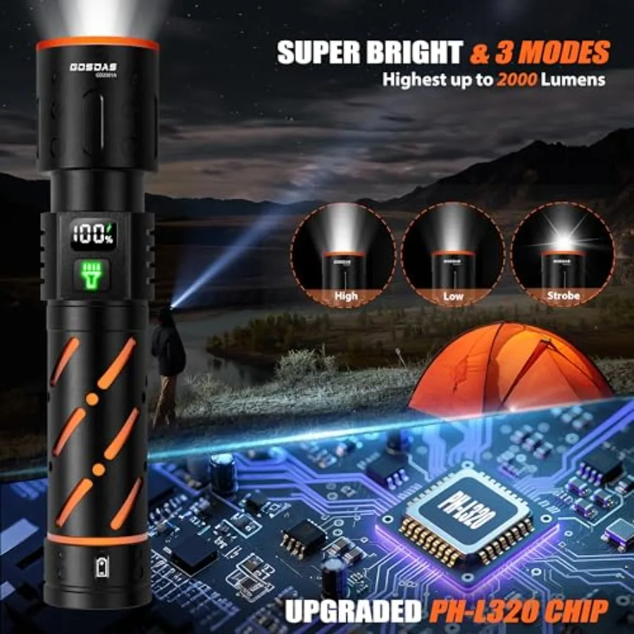 Rechargeable Flashlights High Lumens 00000 Super Bright 30W LED Long Lasting 12H Single Click 3 Modes Multifunctional USB C Inp
