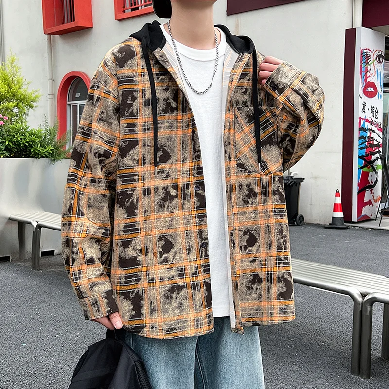 

2025 Men's Hooded Plaid Shirt Jacket Spring and Autumn New Japanese Long Sleeve Tops Draped Lazy Casual Shirt Coats Streetwear
