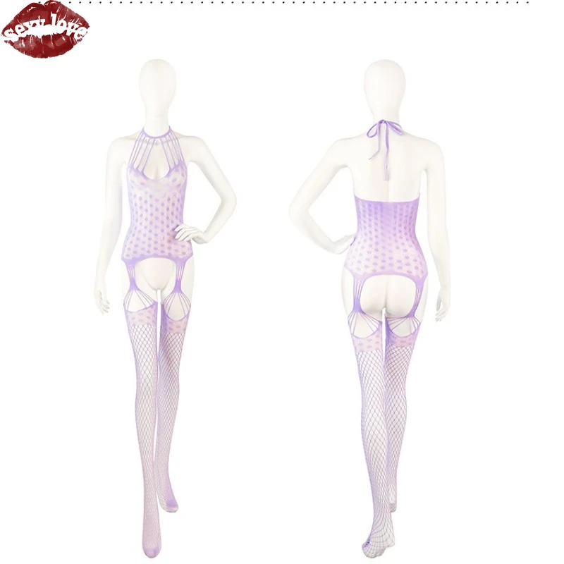 Женские эротические фетиш-очаровательные фиолетовые воротники-бретельки с выдолбленными облегающими колготками, женское эротическое соблазнительное белье