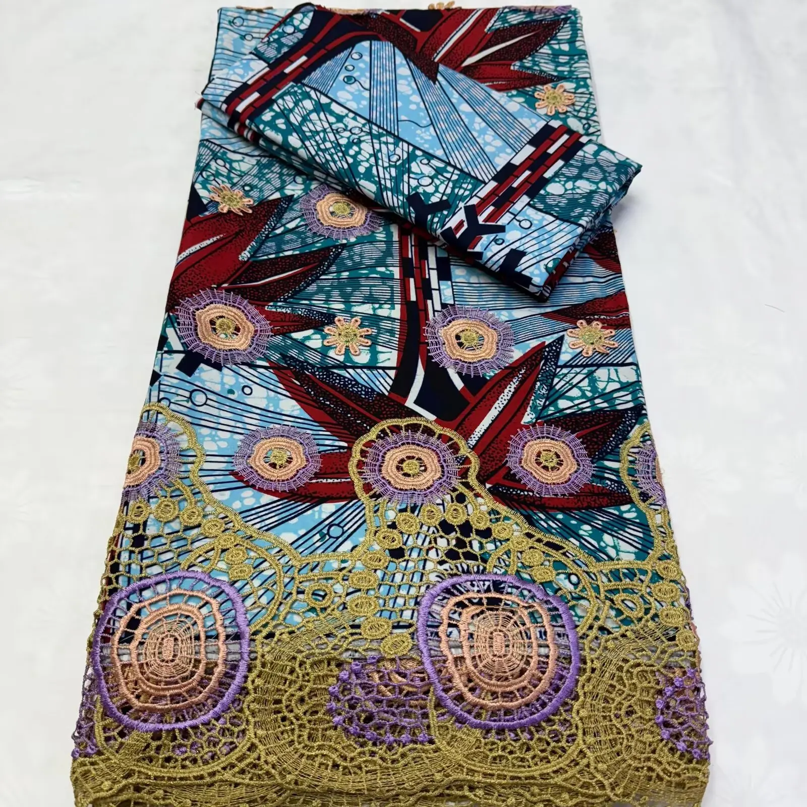 Super Luxury 3+2 Yards Water soluble Embroidered Wax Cloth Lace Latest African 100% Cotton Ankara Fabric For Party Dress 16A79