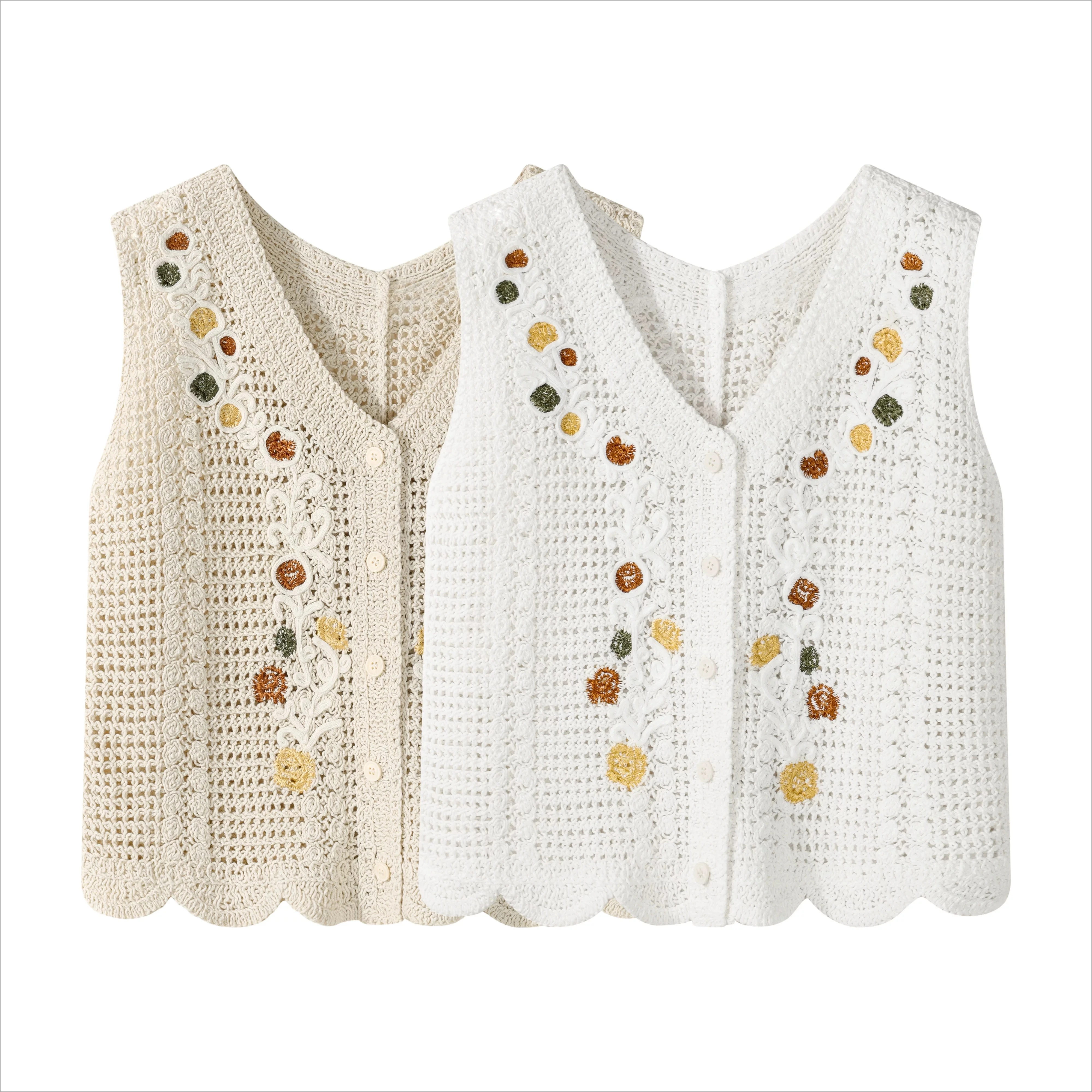 

Women's Embroidered Lace Blouse Sleeveless Hollow-out Crochet Knit Vest Button-Front Scallop Hem Waistcoat Tops Boho Vacation