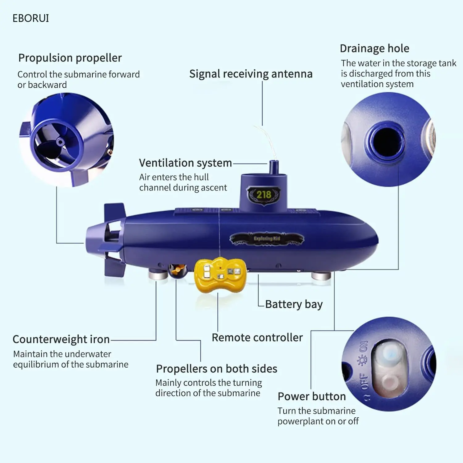 Eborui-子供の潜水艦,リモート制御ボート,水船,diy,2.4GHz, 6チャンネル,d025