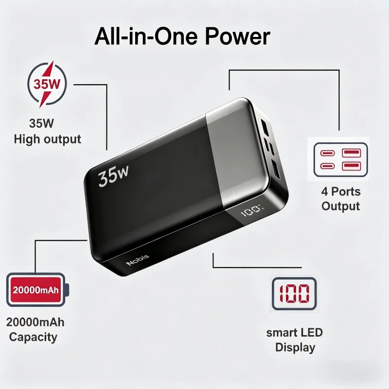 Nobis 20000mAh PD35W Fast Charging Power Bank, 4-Port 2C2A USB C Battery Pack Compatible with iPhone Samsung iPad Switch Android