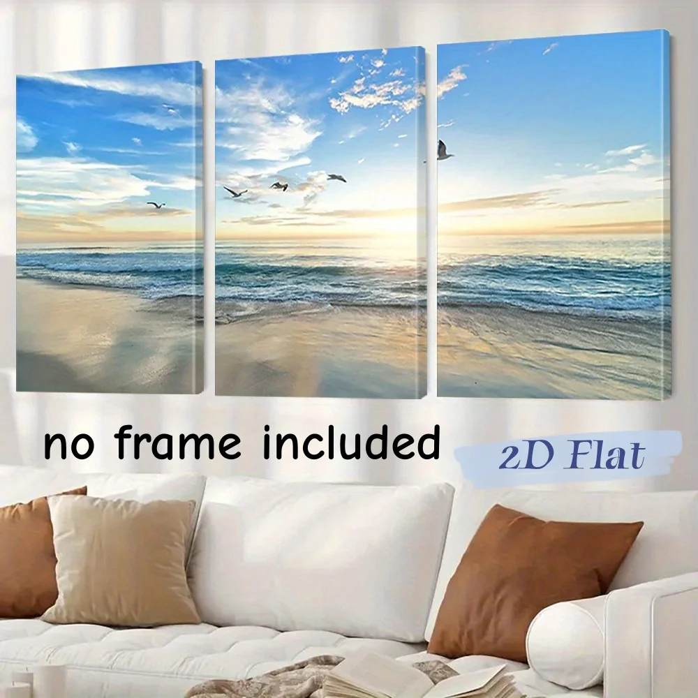 3pcs Sunrise Beach Canvas Paintings, Flying Seagull Home Decoration Posters, Sea View Wall Decoration Prints, Room Aesthetics, F