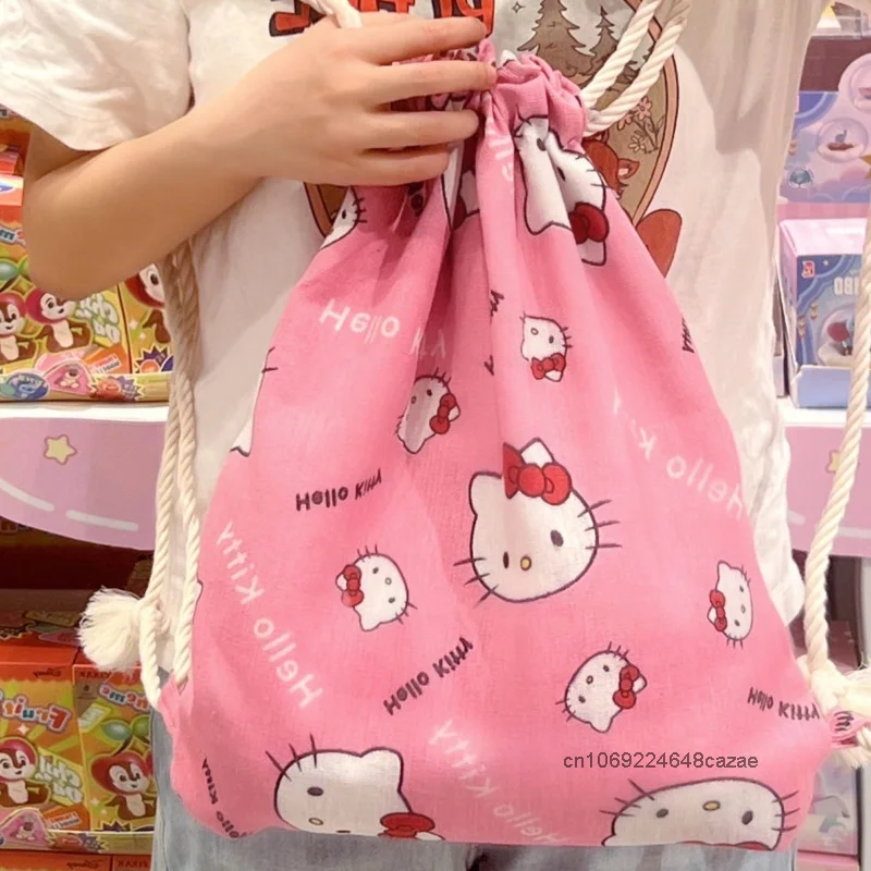 Sanrio Hello Kitty Trend Cute Drawstring Backpack Female Korean Style Convenient Casual Shoulders Bag Large Capacity Storage Bag