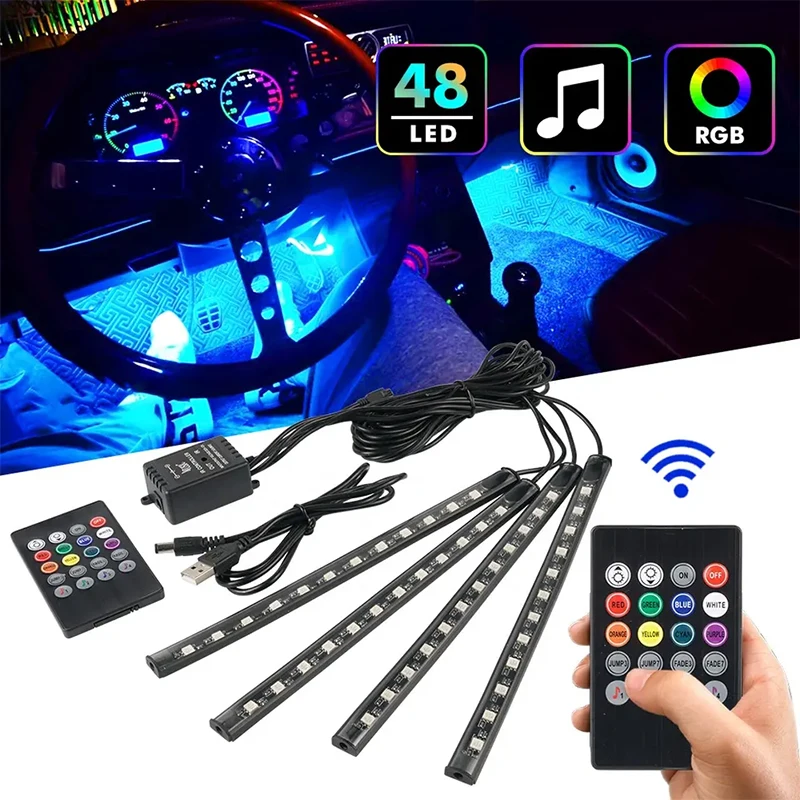 Neon 36 48 72 LED Car Interior Ambient Foot Light with USB Wireless Remote Music APP Control Auto RGB Atmosphere Decorative Lamp