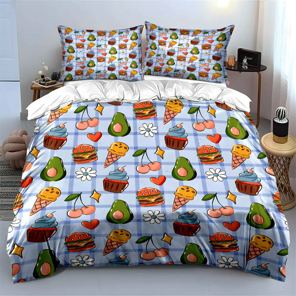 Cartoon food and fruit Pattern Duvet Cover Set Digital Print Colorful Polyester Bedding with Zipper Closur for kids gifts