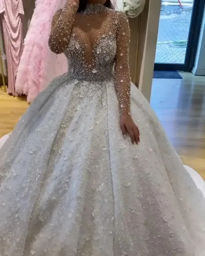 Customized  High Neck See Through Pearls Beads Wedding Dress Sweep Train African Illusion Full Sleeves Robe De Mariée