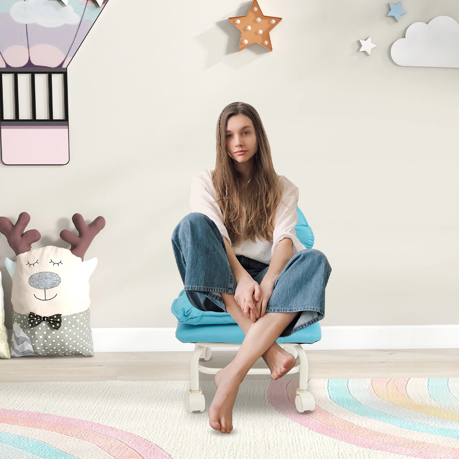 

Синий железный стул-подставка 12,6x12,99 дюйма для отдыха, мобильный, удобный, для дома и офиса