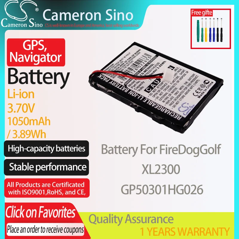 CameronSino Battery for FireDogGolf XL2300 fits FireDogGolf GP50301HG026 GPS,Navigator battery 1050mAh 3.70V Li-ion Black