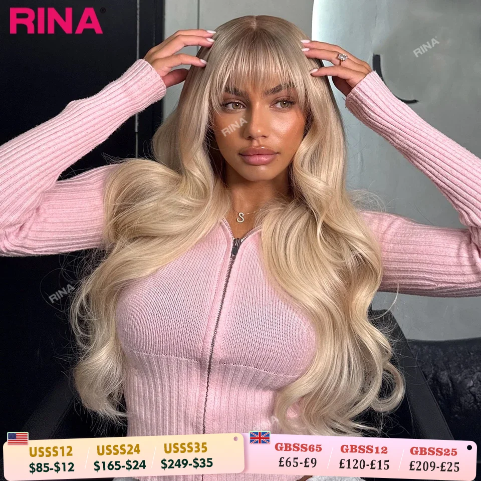 Peluca de cabello humano rubio con flequillo y ondas corporales, frontal de encaje 13x6 13x4, encaje HD transparente, peluca con cierre 5x5 para mujer