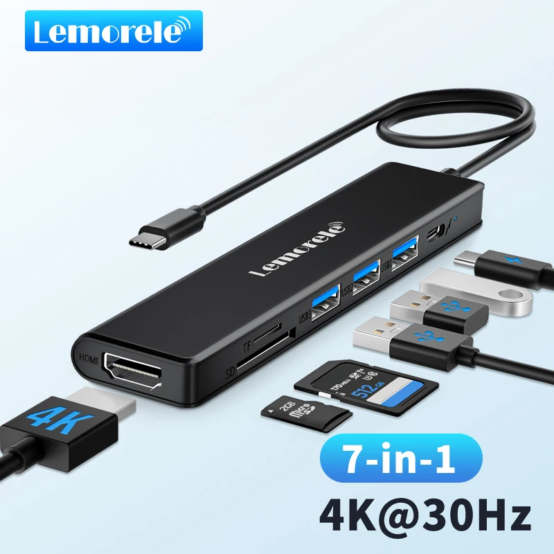 Lemorele TC70 7in1 USB C HUB Type C 3.0 Docking Station HDMI 4K@30Hz 100W PD SD/TF Slot Fast Transfer for Laptop Macbook Windows