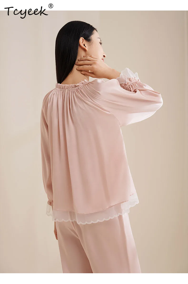 

Tcyeek, 6A 100%Mulberry Silk Pajamas Sets, Women Luxurious Fashion Elegant, Lace Satin 2024 New Sleepwear Pyjamas S47999QM